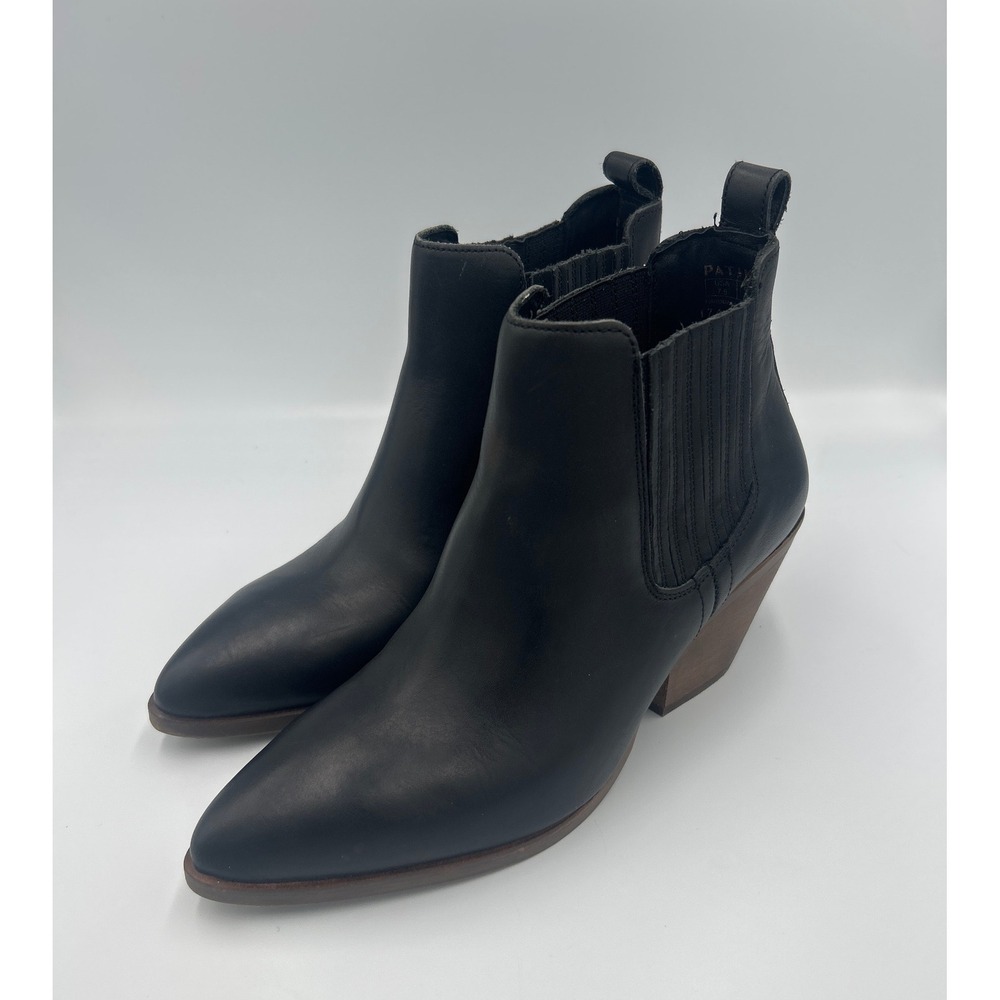 Patina Black Leather Chelsea Boots Pointed Toe Stacked Block Heel Size 7.5